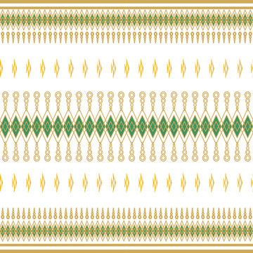 ⁠Traditional Thai ethnic seamless fabric pattern with emerald green and gold geometric lattice ornament on white background⁠