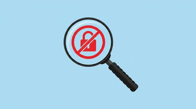 Magnifying glass over a red padlock symbol with a prohibition sign indicating no access or security breach.