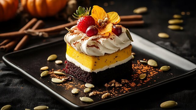 Layered Chocolate and Custard Dessert with Fresh Strawberry on Elegant Black Plate