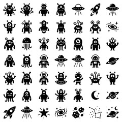 Obraz premium Set of cartoonish aliens, rockets and spaceships, universe icons