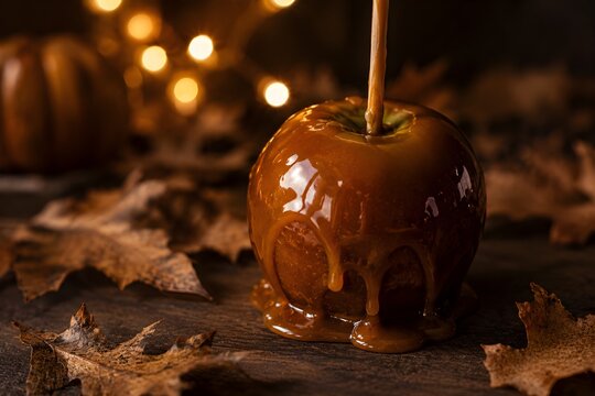 A caramel apple on a stick, glaze still glossy and dripping, practical string-light bokeh behind the subject, warm amber and chocolate brown tones