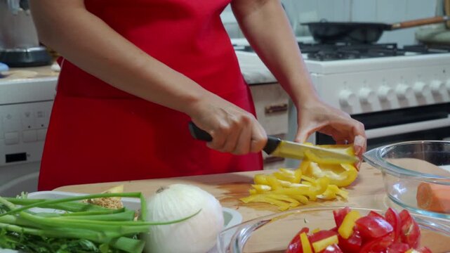 A person in a red apron is methodically slicing a yellow bell pepper on a wooden cutting board in a clean kitchen setting with a stove and countertop. The scene is captured from a close-up.