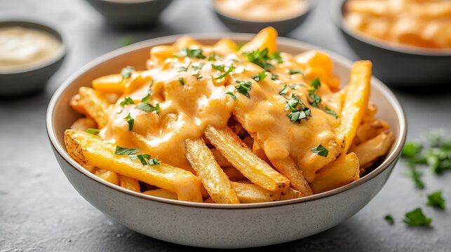 Golden French Fries with Creamy Cheese Sauce and Fresh Parsley