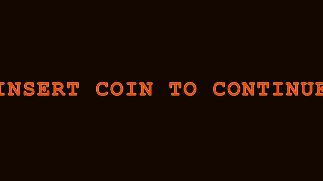 Retro arcade game insert coin to continue text animation on dark 4k background