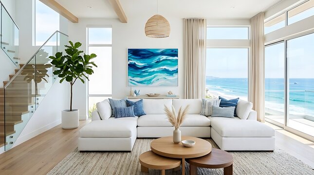 Modern luxury living room with ocean view and blue art