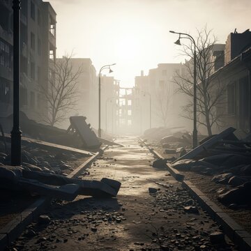 Post-apocalyptic city street with destroyed buildings, rubble, and atmospheric fog, conveying devastation and desolation