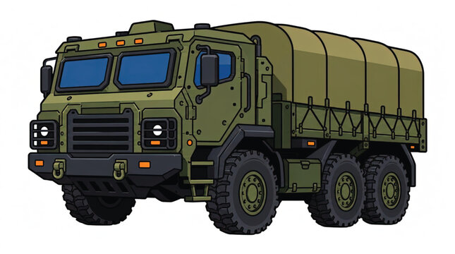 Vector illustration of a military truck front detail, showing headlights, tow hook, and tire tread on a white background.
