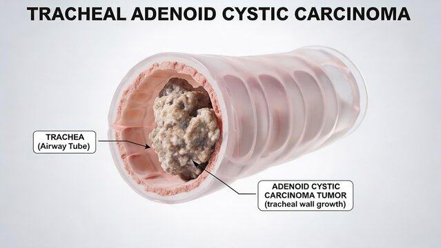 Plain white background annotated 3D medical illustration of tracheal adenoid cystic carcinoma, curved transparent human trachea showing intraluminal malignant tumour obstructing respiratory airway pul