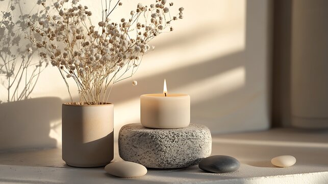 Minimalist Spa Still Life with Ceramic Vase, Lit Candle and Decorative Pebbles