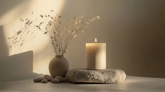Minimalist Still Life with Lit Candle, Dried Flowers and Decorative Pebbles