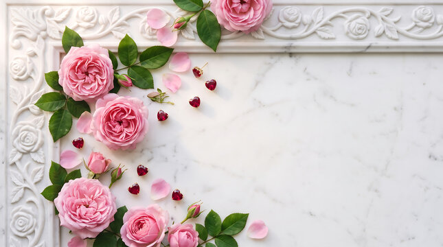 Top-down flatlay of a romantic composition with white marble frame, pink garden roses, and ruby heart studs on pure white background