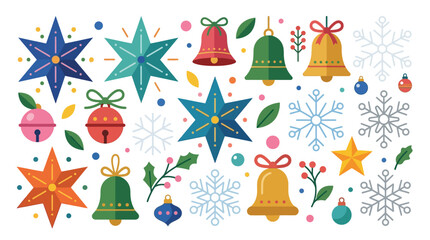 Fototapeta premium Christmas icons consisting of stars, bells, snowflakes, and festive foliage are arranged on a light background.