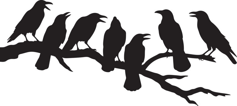 Rabenv&ouml;gel am Ast, Raben Gruppe Silhouette, Vektor Illustration isoliert auf wei&szlig;em Hintergrund