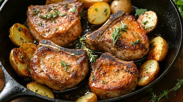Seared Pork Chops with Roasted Baby Potatoes in Cast Iron Skillet
