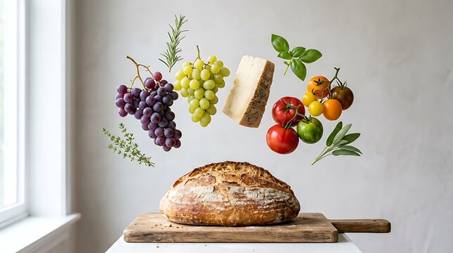 Fresh bread with flying grapes cheese and tomatoes