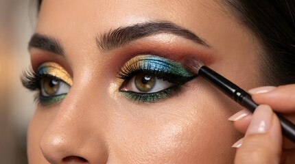 Naklejka premium Close up of a professional makeup artist applying colorful glitter eyeshadow and eyeliner on a female model