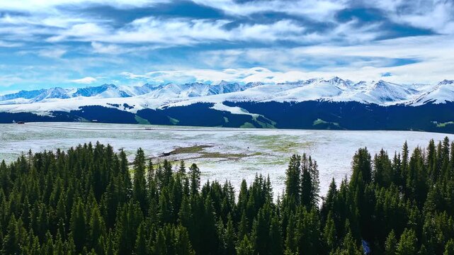 Panoramic aerial view of snow-covered mountains, green pine forest, and open valley under a cloudy blue sky in Xinjiang, China.