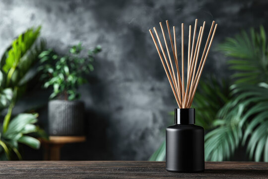 Bamboo sticks in a black bottle with indoor perfumes. Glass diffuser with fragrance for home.
