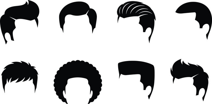 Men hair styles black silhouette vector set featuring various male haircuts pompadour afro slick back spiky and fade