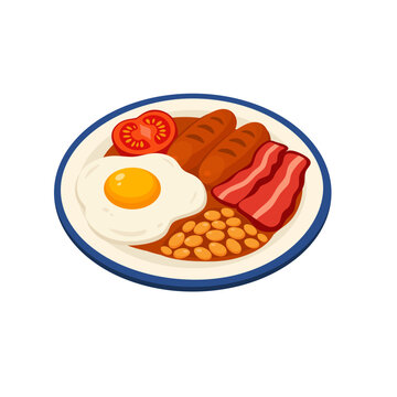 ilustrasi sarapan Inggris yang terdiri dari telur goreng, bacon, sosis, kacang, dan tomat