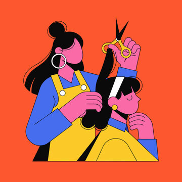 Women working modern flat concept for web banner design. Woman works as hairdresser in beauty salon or barbershop, doing haircuts and styling for client. Illustration with isolated people ... See More
