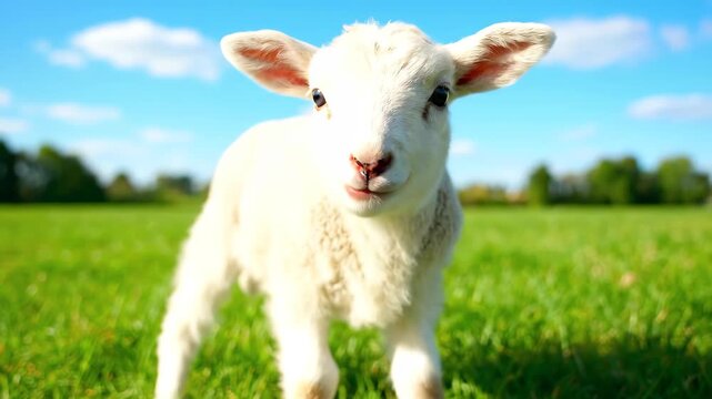 White lambs on the grass, cute lambs strolling in the grass