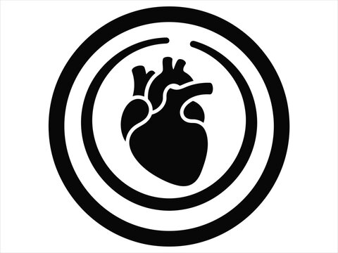 A minimalist black and white icon featuring a human heart inside a circular frame perfect for medical awareness campaigns and celebrating world heart day events