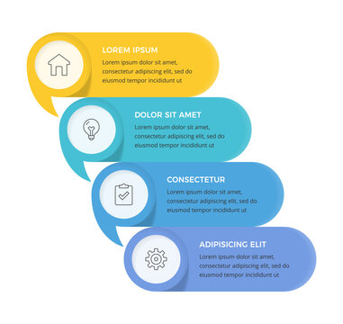 Business infographic template with four speech bubble shapes, featuring vertical sequence for data visualization, process management, and workflow