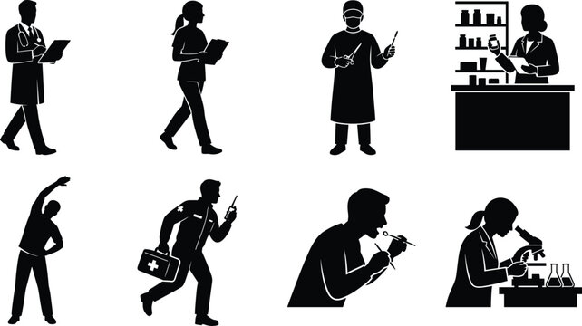 Set of medical staff and healthcare professional silhouettes isolated on white background vector illustration