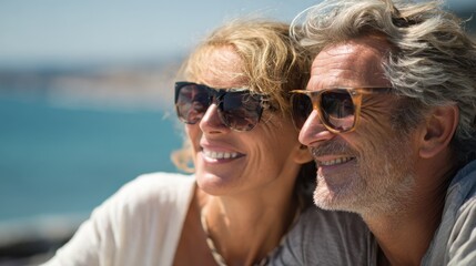 Fototapeta premium Portrait of a smiling mature Caucasian couple wearing sunglasses sitting together along the sea coast on a sunny day expressing love and relaxation