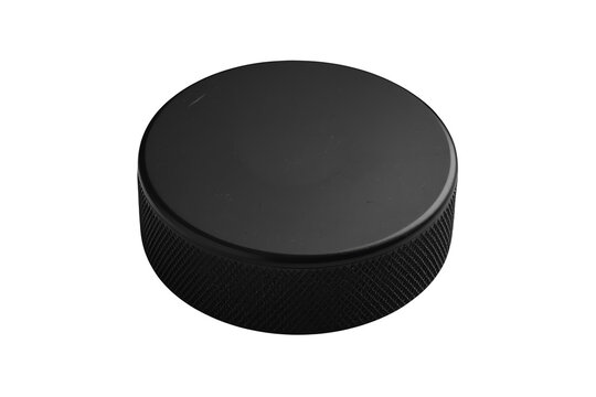 Black ice hockey puck with textured edge isolated on transparent background