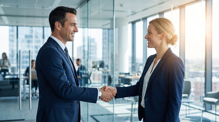 Fototapeta premium Professional man and woman shaking hands in a modern bright office space.