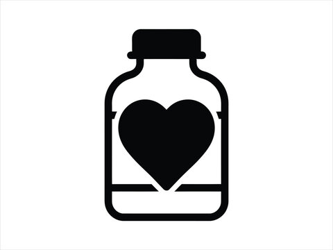 Minimalist black icon of a medicine bottle with a heart symbol inside representing health care awareness and support for the annual world heart day event
