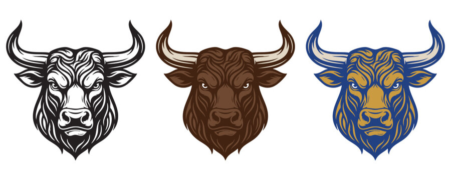 Bull Head Mascot Logo Set in Black Brown and Blue Color Variations Vector Illustration