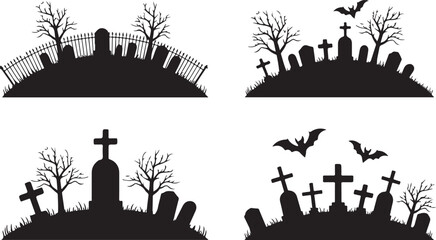 Fototapeta premium Set of spooky cemetery silhouettes with tombstones, creepy dead trees, bats, and crosses isolated on white background for Halloween vector design