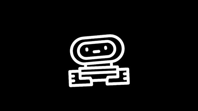Simple white line art robot icon on a black background, minimalist design