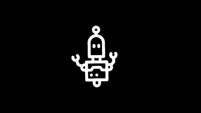 Simple white line art robot icon on a black background, minimalist design