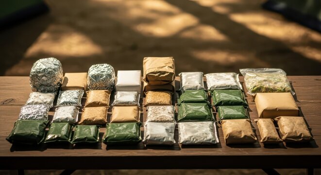 Compact Survival Food Ration Packs Arranged on Wooden Table for Emergency Preparedness or Outdoor Adventures