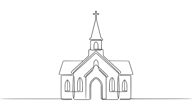 Continuous One Line Church Building with Steeple Minimal Christian Architecture Vector Illustration