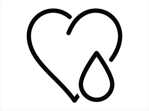 Minimalist black line icon representing a heart shape with a water drop inside for medical awareness campaigns and the annual global world heart day event