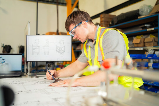 Engineer reviewing blueprints in workshop Industrial designer working on technical plans.
