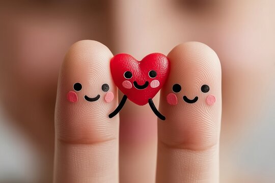 Smiling fingertip characters holding a red heart in a playful love concept