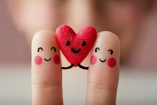 Smiling fingertip friends holding a red heart symbolizing love and friendship