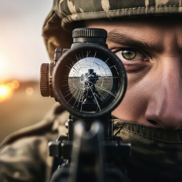 Close-up of a soldier's eye through a rifle scope with cracked lens, aiming in a field at sunset