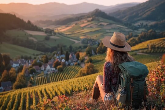 Woman hiker with backpack overlooking vineyard valley and rural village at sunset