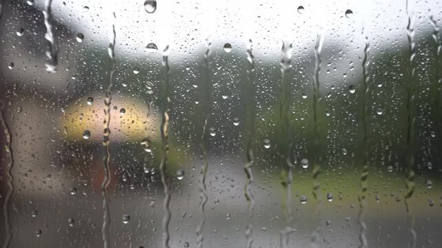 Close up of raindrops on glass, raindrops sliding outside the rain skylight window