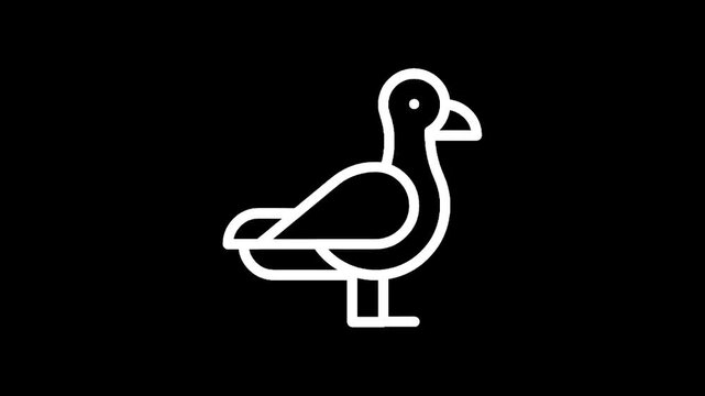 Simple white outline icon of a goose standing on a black background