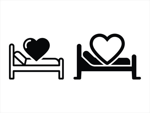Minimalist black and white icon set representing world heart day featuring a heart symbol resting on a hospital bed for medical and healthcare awareness concepts