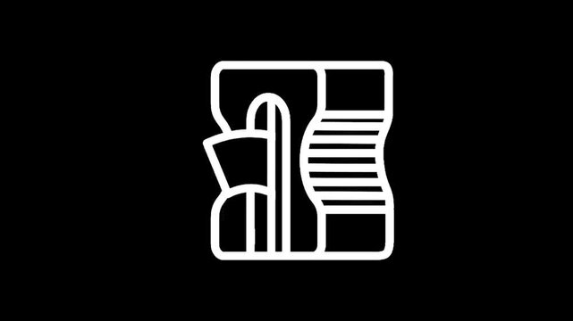 Minimalist white outline icon of a pencil sharpener on a black background