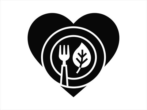 A minimalist black and white icon representing healthy eating habits for world heart day featuring a plate with a fork and a fresh green leaf